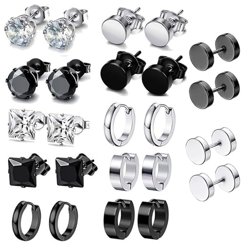 ZXTGBQ 12 Pares Pendientes Hombre, Pendientes Negro para Hombres, Pendientes Aro Plata/Negro para Hombre Mujer