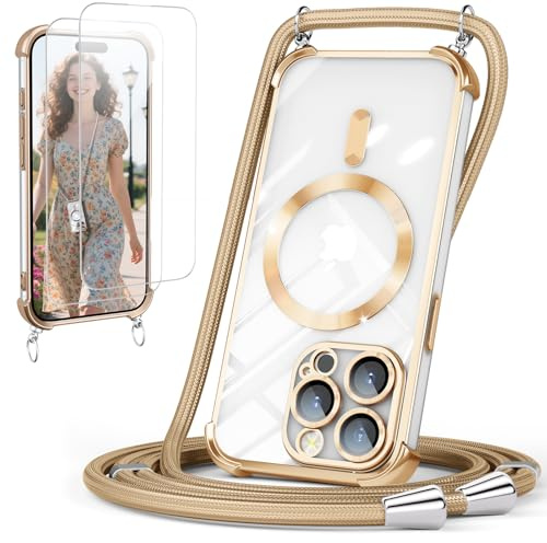 GOODVISH Handykette für iPhone 15 Pro Hülle mit Band Magnetisch, Gold | mit 2 Stück Schutzfolie, mit Kamera Schutz, Necklace Handyhülle mit kette für 15 Pro 6,1, Transparent 360° Schutz Case