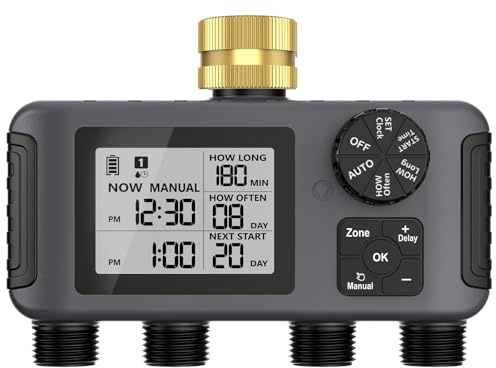 Haozee Bewässerungscomputer 4 Ausgänge, Gartenbewässerungstimer mit Regenverzögerung/Auto- und manuellem Modus, IPX5 wasserdicht/Großes LCD-Display Bewässerungssteuerung