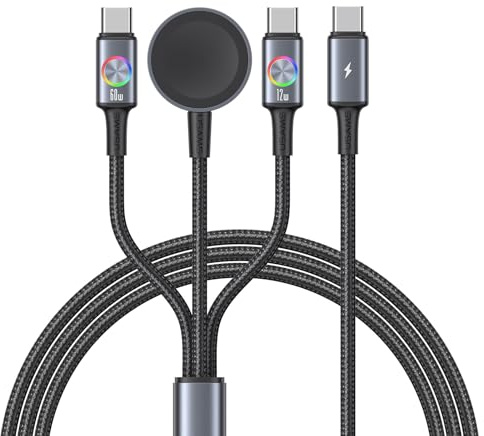 Pluggify Cable Multi Chargeur USB C 3 en 1 60 W Câble USB C 1,2 m avec 2 USB C (60 W/12 W)/ 1 Multi Câble de Charge Rapide pour Ap Watch Ultra 2/SE/1-10, pour Phone 16/15 Pad, Téléphone/Tablettes