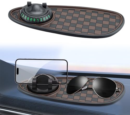 Multifunction Car Anti-Slip Mat Auto Universale Phone Holder, con Supporto Girevole a 360° e Targa Temporanea per Parcheggio, Tappetino Antiscivolo Auto per Cellulare, Chiavi