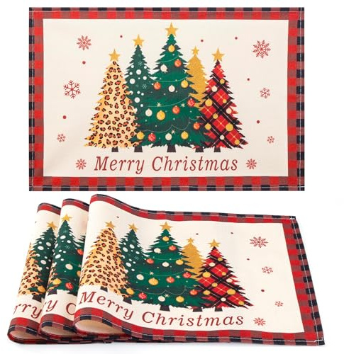 Hretvoi Platzset Weihnachten, Tischset Weihnachten Abwaschbar, Platzdeckchen Winter 30x45cm, Weihnachtsbaum Motiv Platzsets 4er Set, Tischsets Weihnachts Stoff Genutzt für Tischdeko