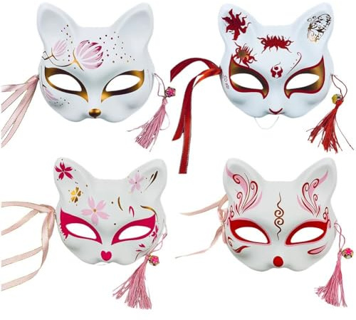 Dinntty 4 Máscaras Japonesas De Media, Ligeras, Pintadas a Mano, para Adultos, Halloween, Cosplay, Fiesta, Mascarada, Festival.