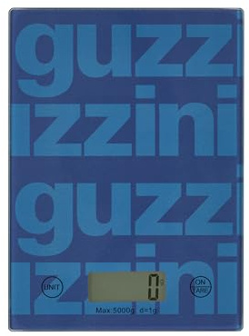 Guzzini - Label Bilancia da Cucina Digitale in Vetro Temperato, Funzione Tara, Display LCD, 5 kg, 4 Unità di Misura, Blu - 13660180