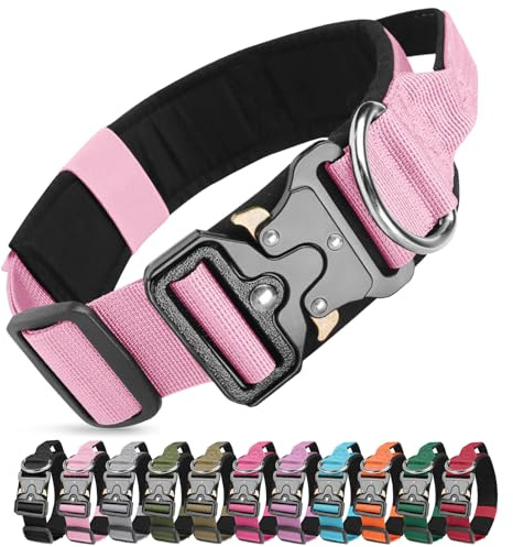 Ledeak Taktiskt hundhalsband med kontrollhandtag, justerbart taktiskt halsband med metallspänne, militärhalsband i nylon för medelstora och stora träningshundar (rosa, M)
