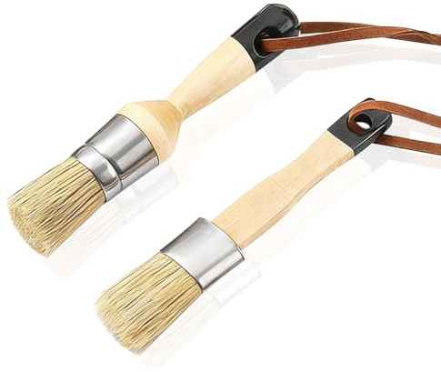 2 Pack Chalk Paint Brush and Wax Brushes, Natural Bristle Round & Oval Wooden Handle Brushes for Furniture, Chalk Paint, Milk Paint, Waxing & DIY Art Crafts