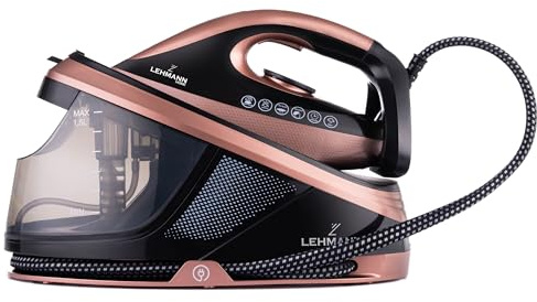 LEHMANN Centrale Vapeur, 8 bars Pression, Puissance 2400W, Réservoir 1,5L, Réglage Manuel, Mode Eco, Semelle en Céramique, 120 g/min avec Jet Vapeur Puissant, Arrêt Automatique, Noir/Or Rose