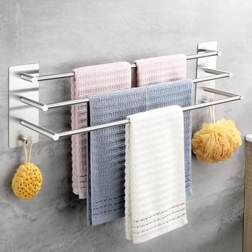 OETAMS Porte Serviettes sans Perçage avec 2 Crochets- 3 Barre Porte Serviettes Autocollante - Montage Mural Porte-Serviettes 304 en Acier Inoxydable Argent Étagère Murale Barre Porte-Serviettes