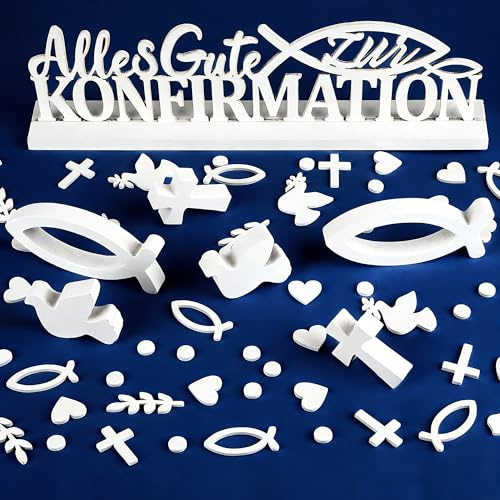 Decorazione per comunione, cresima, scritta decorativa, decorazione da tavolo, per comunione, ragazza, ragazzo, 67 pezzi, decorazione per la prima comunione, pesce in legno, croce in legno, piccione