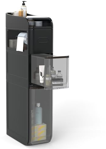 LIFEZEAL Schmaler Badezimmerschrank, Nischenschrank auf Rollen, Schrank mit Schublade, 4-stöckiger Beistellschrank mit Taschentuchbox, Kompakter Aufbewahrungsschrank für Bad, Küche, Büro (Schwarz)