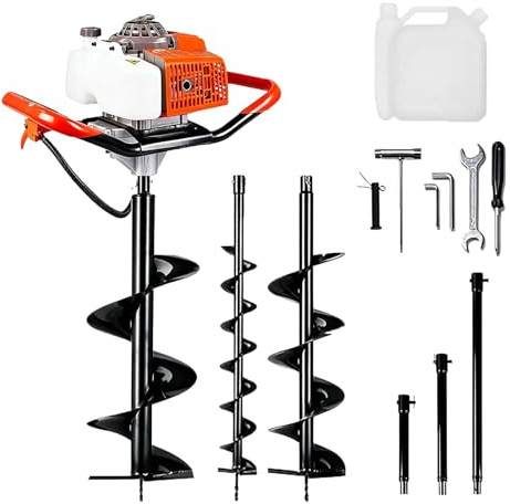 Powerful 63CC Post Hole Digger, Gas Earth Auger with 3 Drill Bits (10/20/30cm) and 3 Extension Rods (20/30/50cm), 2-Stroke High Efficiency Ground Hole Digger