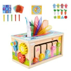 ZWOOS Montessori Spielzeug ab 6 Monate, 6-In-1 Tücherbox Baby, Motorikwürfel Holzspielzeug 6-12 Monate Jungen Mädchen, Motorikspielzeug für Kinder 1-3, Baby Geschenk