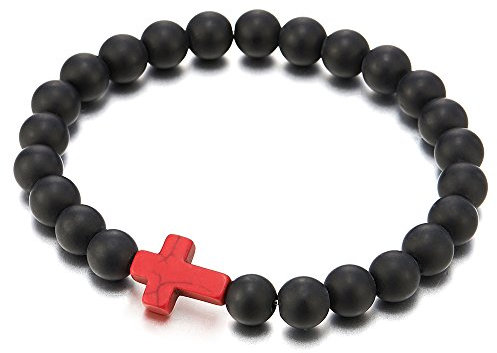 COOLSTEELANDBEYOND Herren Damen Dehnbare Matt Schwarz Onyx Perlen Armband mit Charm Rot Kreuz