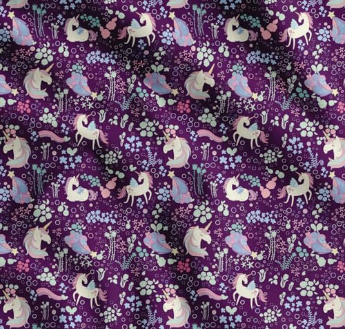 Soimoi Lila Baumwolle Batist Stoff Einhorn & Blumen- Stoff Meterware 42 Zoll breit
