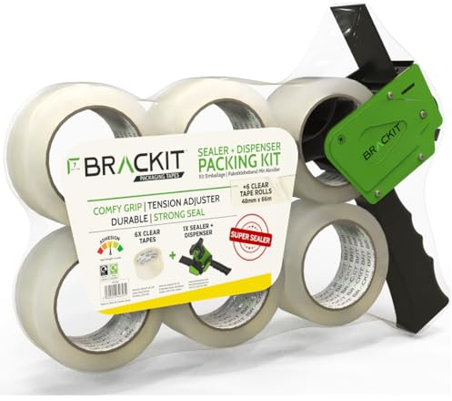brackit Transparentes Verpackungsband mit Spender, 48 mm x 66 m, Packung mit 6 Rollen – Starkes, strapazierfähiges Packband für regelmäßigen Gebrauch oder Umzug – Versiegelt einfach Ihre Pakete und