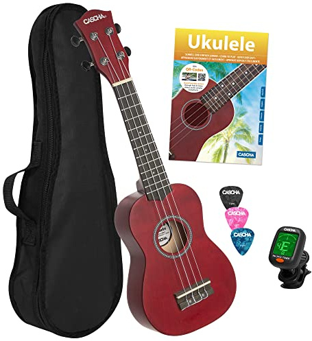 CASCHA Sopran ukulele set för barn och vuxna I startkit med 3 plektrum väska lärobok inlärningsvideor om QR-kod röstapparat I Aquila strängar nylon I liten Hawaii gitarr I röd