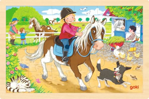 goki 57412 - Einlegepuzzle Ponyhof aus Holz, Holzpuzzle mit Pferdemotiven, Lernspielzeug und Kinderpuzzle, fördert Fantasie und Motorik der Kinder, 30cm x 20cm, 24er Set, ab 3 Jahre
