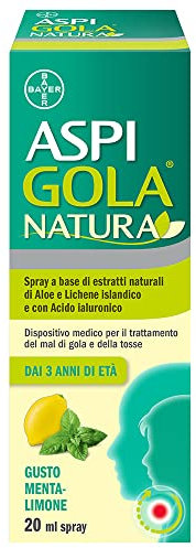 Aspi Gola Natura, Spray Gola, con estratti naturali di Aloe, Acido Ialuronico e Lichene Islandico, per Mal di Gola e Tosse, Gusto Menta e Limone, 20 ml
