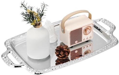 Cabilock Elegante bandeja rectangular plateada con espejo para decantador de whisky, candelabros, bandeja de perfume y aperitivos, pan, desayuno, fruta, bandeja para servir