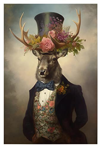 artboxONE Poster 60x40 cm Tiere Gentleman Hirsch mit Blumen hochwertiger Design Kunstdruck - Bild hirsch blume blumen