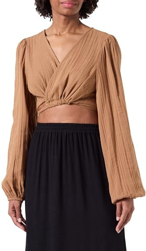 PIECES Damen Pcastina Ls Wrap Crop Top New Tie Sww Bc Wickeltop, Toasted Coconut ,M