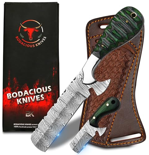 Bodacious Knives 8 Handmade Damascus Bull Cutter Knife with Leather Sheath - Western Cowboy knife for Hunting, Skinning, Camping, and outdoor activities - Green
