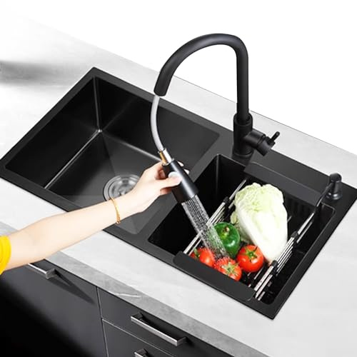Fregadero De Acero Inoxidable Negro Fregadero De Cocina Fregadero Grande De Dos Senos Grifo Extraíble Negro Accesorios Completos, 82x45x22cm