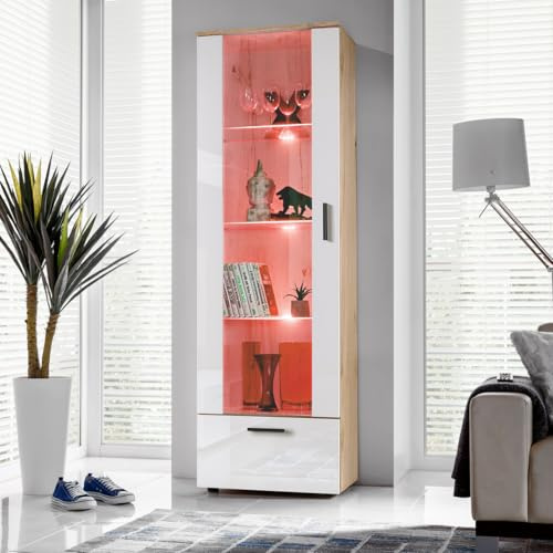 Komodee, Vitrine Schrank Alessandria, Wotan/Weiß, Breite 60cm x Höhe 192cm x Tiefe 42cm, LED RGB, 3 Glasböden, 1 Regal aus laminierter Platte, für Wohnzimmer, Schlafzimmer