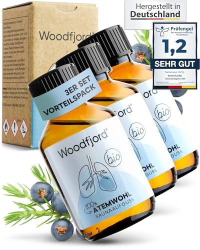 WOODFJORD Saunaaufguss Atemwohl BIO 3 x 100 ml I Mit Terpentinöl I Premium Sauna Aufgussmittel für authentische und nachhaltige Saunaerlebnisse I Saunaöl und Saunaduft I Belebend und vitalisierend