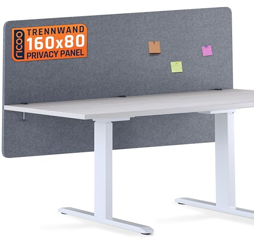 RICOO ZAP1680-G Akustik Trennwand Schreibtisch 160 x 80cm Sichtschutz Schreibtisch Trennwand Filz Pinnwand Grau Geräuschdämmung Akustik Diffusor Schallschutz Büro Tischtrennwand mit Tischklemme