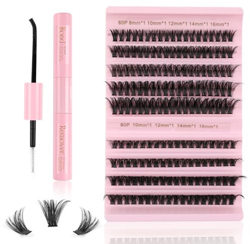 Kiusatig Kit Ciglia Finte Ciuffetti con Colla 167PCS 0.07mm D Curl 8-16mm Mix 60D80D Kit Extension Ciglia Finte Naturali DIY Individuali Cluster Ciglia Cluster Lashes(60D+80D-0.07-D-MIX8-16)