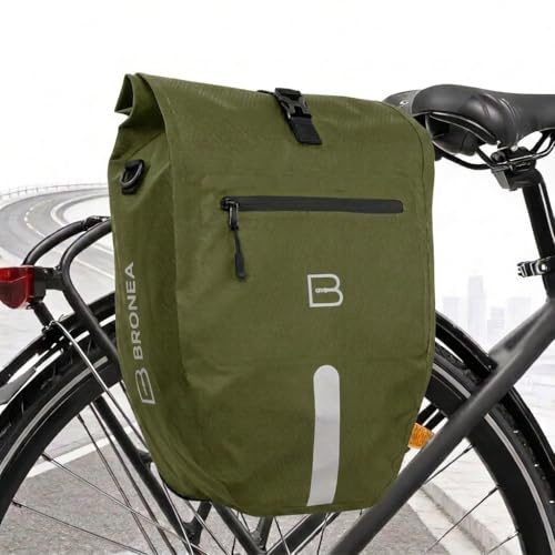 Bronea Gepäckträgertasche für Fahrrad OLIVEGRÜN - Groß 28 Liter - abnehmbare Fahrradtasche für Gepäckträger hinten - Wasserdicht & Reflektierend - Click System Befestigung - Inklusive Laptop-Fach