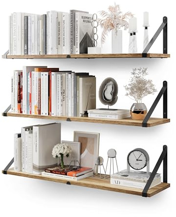 CASSA ZENO Väggmonterade flytande bokhyllor för vägg, set om 3, 80cm x 20cm hylla bokhylla för sovrum, vardagsrum, kontor, badrum, kök, rustikt trä med metallkonsol (natur)