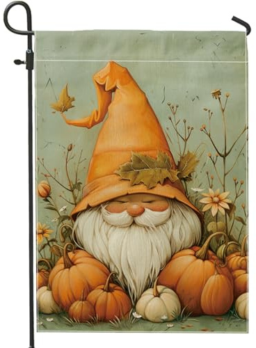 Drapeau de jardin de nain d'automne, récolte de citrouille orange, décoration extérieure, jolis drapeaux de cour de dessin animé, bannière de cour double face pour Thanksgiving, automne, décoration de
