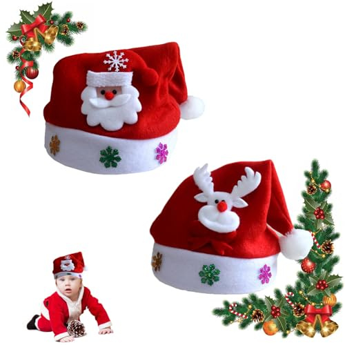 Gorro Papa Noel Niños,Gorro de Papá Noel,Gorro Navidad,Gorro de Navidad para Niños,Gorro Navideño,Gorro Navideño para Niño Gorro Disfraz de Navidad Clásico para Fiestas,2 Piezas (Ancianos+Ciervos)