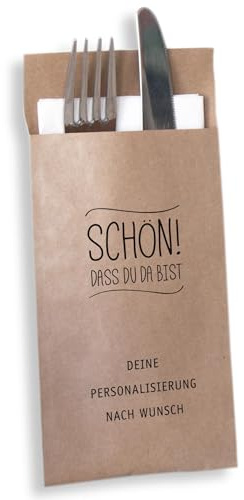 Generisch Bestecktasche Serivettentasche bedruckt Kraftpapier braun mit Schriftzug Schön, dass du da bist! mit Personalisierung für jeden Anlass