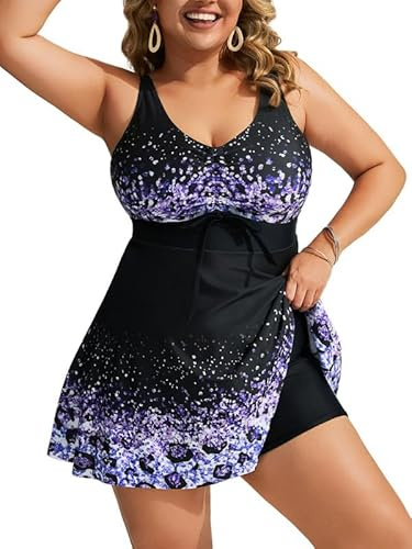 Hanna Nikole Tankini damset plus size blommigt tryckt baddräkt magkontroll tvådelad baddräkt med pojkshorts med justerbara dragsträngar på bröstet och axelremmarna, Lila skimrande leopardtryck, 20