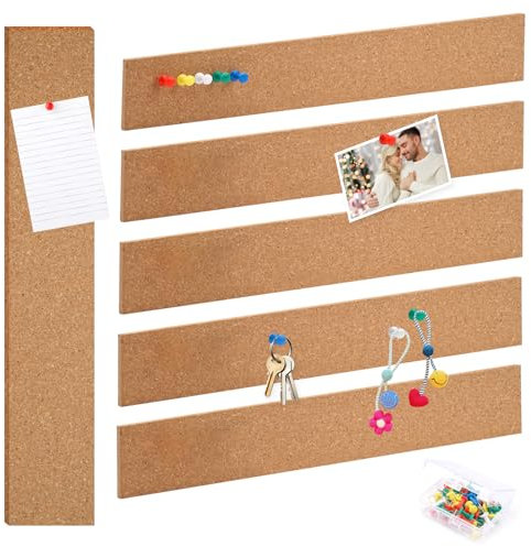 6 Pezzi Listelli Bacheca In Sughero, Bacheca da Parete con 50 Spilli Grandi, Lavagna Sughero 30 cm X 5 cm, Autoadesivi Sughero Pannelli Muro per Appunti, Foto, Memo, Gioielli, Decorazioni da Parete