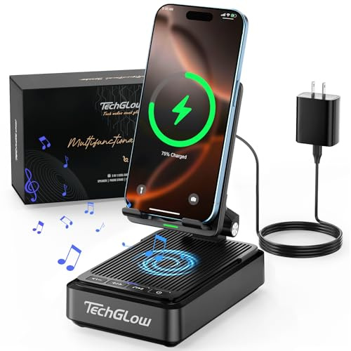 TechGlow Bluetooth-Lautsprecher mit Telefonständer und kabellosem Ladegerät, kompatibel mit iPhone 16, 15, 14, 13 Pro, XS, 8 Plus, Samsung Galaxy S25, S24, S23, Note 20, Geburtstagsgeschenkidee für