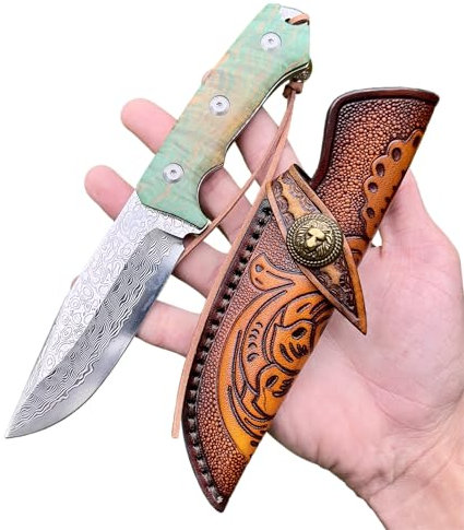 Obespina Magnifique Couteau Lame Fixe Acier Damas Manche Bois Stabilisé Collection Custom Cadeau Homme Suminagashi Étui Cuir Père full tang camping bushcraft Luxe Randonnée Artisanat Forge EDC
