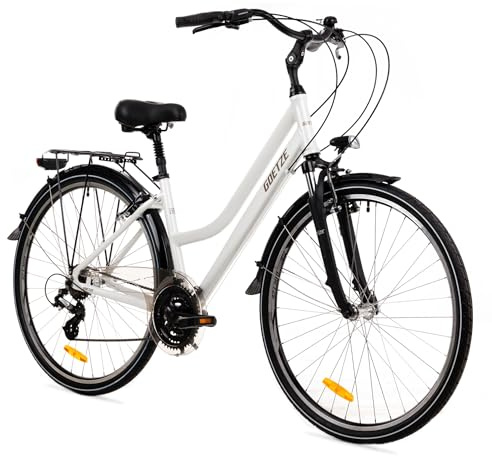 Goetze Picnic 28 Zoll Damen Trekkingrad, Aluminium Rahmen 17/19 Zoll, Shimano 21-Gang Schaltung, Federgabel, Verstellbarer Vorbau, Gefederte Sattelstütze, LED-Beleuchtung, Gepäckträger