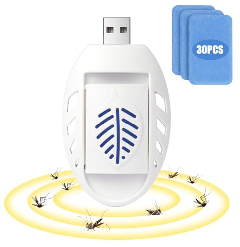 AOOWU Portátil USB Repelente de Mosquitos Eléctrico, Repelente de Mosquitos Eléctrico con 30 PCS Reemplazable Pastillas Repelentes de Mosquitos, USB Mosquito Killer para Aire Libre y Interior