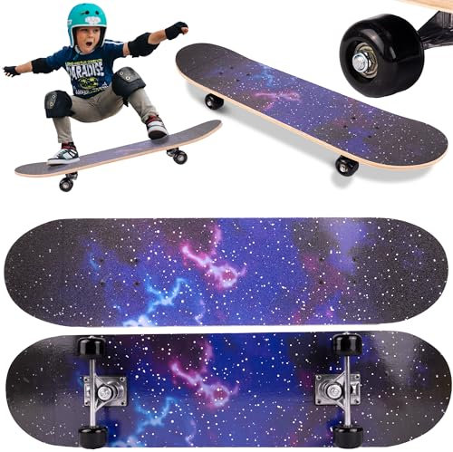 Malplay Skateboard Deck Holz Rollerboard Doppelseitige Galaxy ABEC-5, Gummiräder, 77 cm bis 100 kg, Aluminium