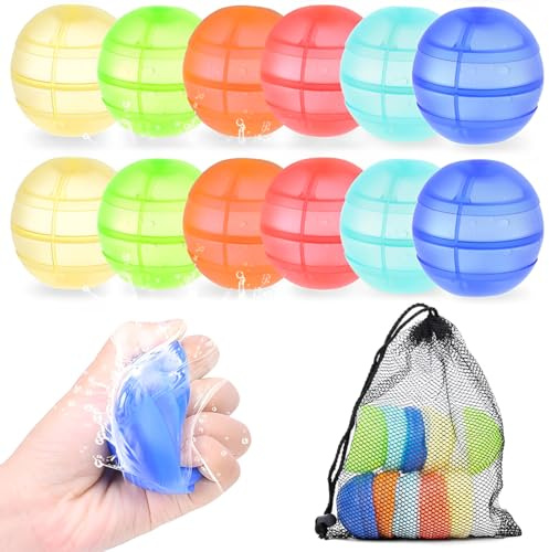 WUSJCOF 12 Stück Wiederverwendbare Wasserbomben [Set] – Selbstschließend & Sekunden-Schnellfüller | Umweltfreundliches Wasserspielzeug für Pool, Strand & Sommerpartys