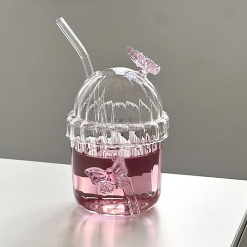 Pink Butterfly Glass Cup with Lid and Straw, 3D Butterfly Glass Tumbler Cute Aesthetic Cups Vintage French-style Pink Drinking Glasses for Hot and Cold Beverages Juice, Cocktail, Whiskey, Milk