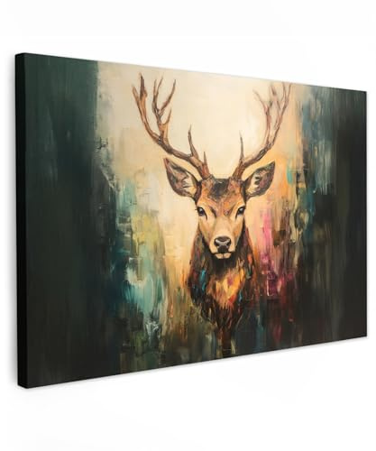 MuchoWow© Leinwandbilder Wall Art Decoration Bilder für die Wand | 90x60 cm - Schlafzimmer Deko Canvas Painting Wanddekoration Wohnzimmer Hirsch - Gemalt - Geweih - Braun