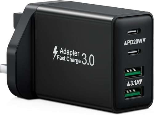 USB C Plug, 40W 4-Port Fast Charger Plug Multi UK USB Plug Dual PD Power Adapter + QC Multiport Wall Plug Type C Fast Charging Plug for iPhone 16 15 14 13 12 Pro Max Plus, Samsung, iPad