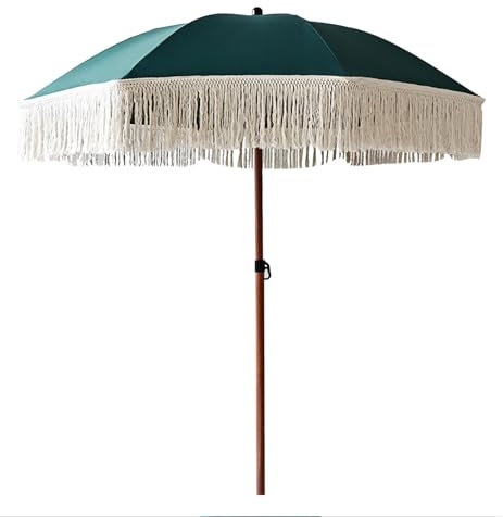 ZIHQRgE Parasol de Plage à Franges avec Hauteur Réglable 180cm, Parasol de Jardin à Mât Aluminium Imitation Bois, Ombre Verte for Balcon, Terrasse