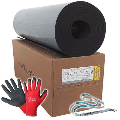 Armacell Armaflex original AF Kautschuk Platten selbstklebend + rote Handschuhe + Scorprotect® Schlüsselband (Schwarz, Isolierstärke 10 mm, 1000 x 10000 mm)