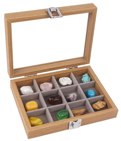 Dmnnlp 12 Grids Rock Display Case, hölzerne Rock Collection Box mit klarem Glasdeckel, Storage Display Boxen für Sammlerstücke Edelstein Fossil Kristall Stein Schmuck (Dunkelbraun)